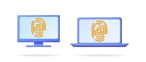 Computer monitor and laptop with fingerprint icon on screen. Biometric security and digital identification concept. Secure login access for cyberspace. vector