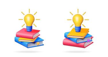 Stack of colorful books with a glowing light bulb on top, symbolizing knowledge, innovation, and learning concept. vector
