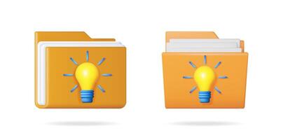 Two orange 3d folder icons with a light bulb symbol. Creative idea and solution concept for digital data storage. vector