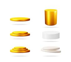 Set of 3d golden and white podium isolated product stage platforms. Realistic abstract cylinder and round pedestal showcase for presentation. vector