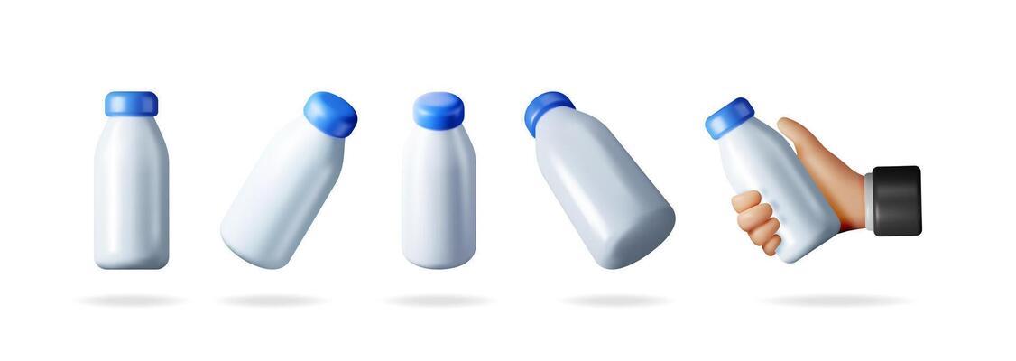 White plastic milk bottle with a blue cap in various 3D rotations, including a hand holding it. Drink packaging product concept for food industry, retail, and beverages.