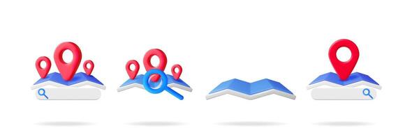 3d illustration set of location pin and search bar on a map. Concept of navigation, travel, online search and geotagging. vector