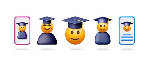 3d graduated student emoji with academic cap on smartphone screen. Online education and e-learning concept. Digital university and study system. vector