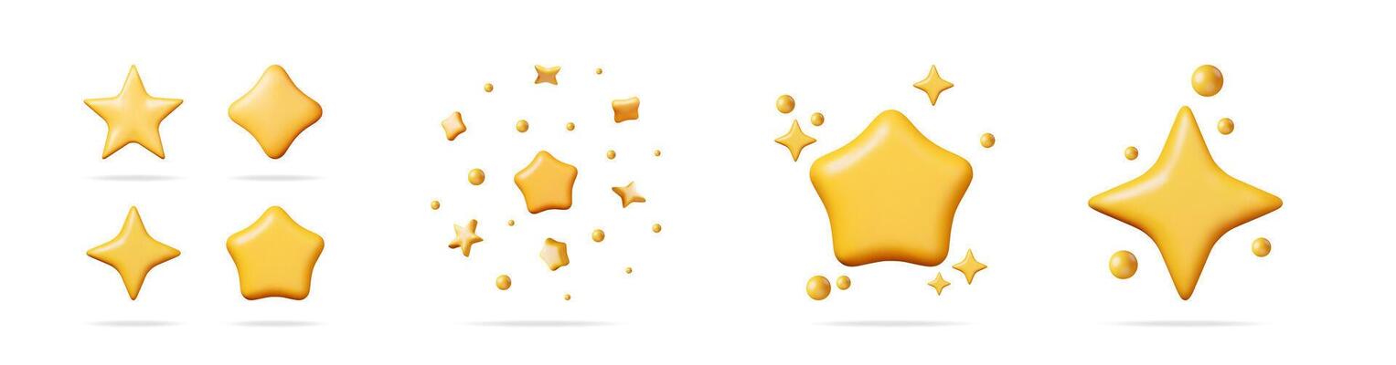 Set of 3d gold render shiny rating star icons. Abstract different star shapes and bubbles with shimmer effect. Isolated element for quality mark.