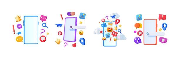 Mobile phone with social media 3d icons set. Digital communication on smartphone concept for app design, internet connection. vector