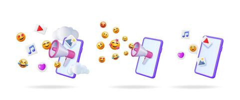 Mobile phone with megaphone broadcasting social media content through cloud service with emojis, image files, and music icons. vector