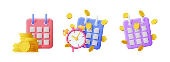 Calendar with coins and alarm clock icon set for financial planning. Appointment reminder and deadline management 3d illustration. vector