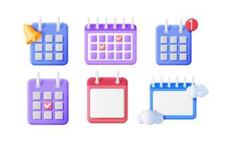 Various 3d calendar icon illustrations. Set of colorful calendars with different signs. Online schedule planning and event reminder concept. vector