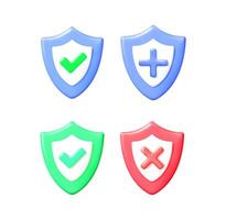 3d illustration set of security shield icons with checkmark, cross, and plus symbols. Data protection concept. vector