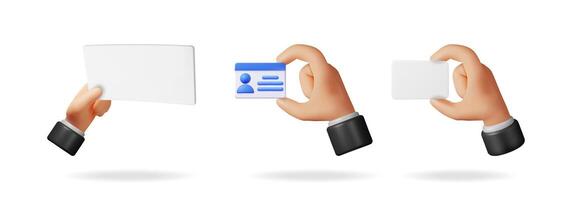 Man hands holding various cards in a 3d style. Business contact, personal identification, and blank card concept. Corporate presentation. vector