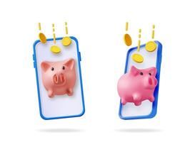 Two smartphones showing piggy banks on screen with falling coins. Online money savings and financial investment concept with mobile payment application. vector
