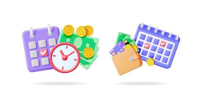 Two charts indicating effective payment reminder concept with calendar and money with wallet. Financial planning and payment due date. vector