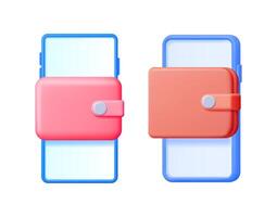 Pink wallet with money and smartphone. Digital wallet app for online payment and financial management. Mobile banking concept. vector