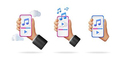Hand holding mobile phone with music player interface. Concept of streaming audio, online radio, or cloud music service. Modern digital entertainment. vector