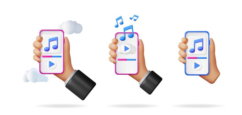 Hand holding mobile phone with music player interface. Concept of streaming audio, online radio, or cloud music service. Modern digital entertainment.