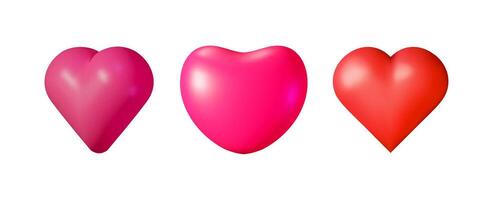 Three isolated colorful 3d hearts in a row. Glossy objects for love and romance design. illustration set ideal for romantic concepts. vector