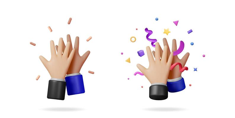 Two 3d rendered hands high fiving. Success in business. Celebration of victory, team achievement or congratulations concept.