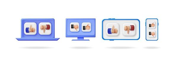 Like and dislike hand icon on various screens. Social media interaction buttons on laptop, monitor, tablet, and smartphone for approval or disapproval. vector