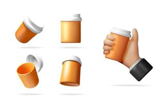Set of realistic 3D renderings of medicine bottle. Empty orange container for drug on white background with human hand. Medical concept. vector