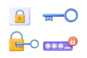 Padlock and key icon set for online security and password protection. Digital render isolated on white background. vector