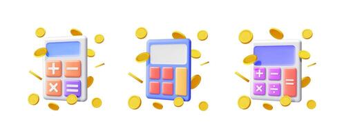 Three 3d calculators with floating gold coins illustration set for accounting, finance, money, audit calculations and investment application. vector