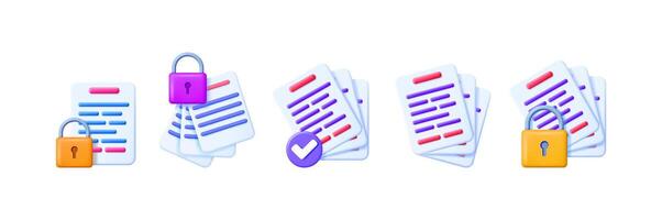 A set of 3d illustrations depicts secure digital documents, data protection, and confidential file management concept. vector