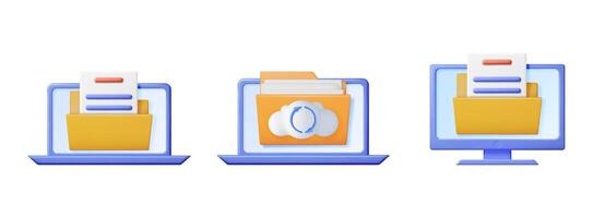 3d illustration set of data management concepts featuring laptop, monitor, and cloud synchronization for digital file organization. vector
