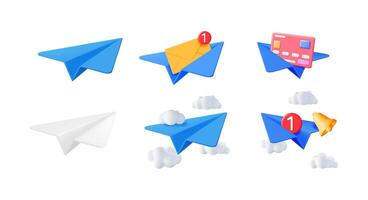 3d cartoon paper plane icon set. Blue aircraft flying with message envelope, credit card, or bell in clouds. New notification concept. vector