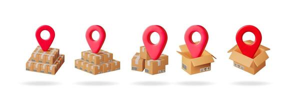 Set of 3D illustrations of cardboard delivery boxes with red location pins, concept for shipping and tracking. vector