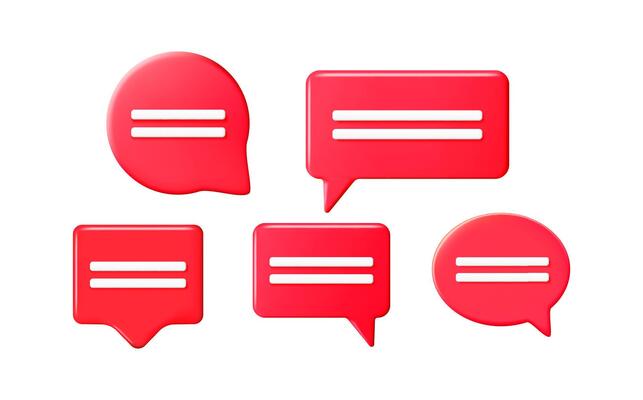 Set of red 3D speech bubble icons. Communication and text chat concept for social media, discussion, and message apps.