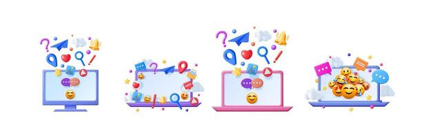 Set of 3d illustrations of social media icons on computer and smartphone screens for digital communication and online messaging concept. vector