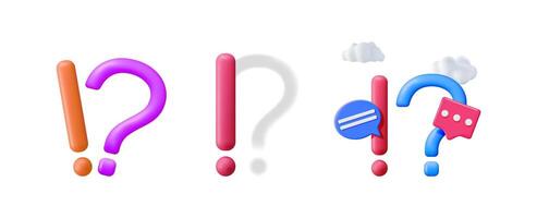 Colorful 3d question and exclamation marks in three different combinations. Problem and solution concept, with clouds speech bubbles. vector