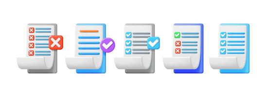 Set of 3d illustrations of online checklist document sheet. Survey, form, quiz and task management concept for interface. vector