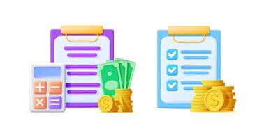 Financial planning and budgeting concept with calculator, money bills, coins, and document checklists. 3d illustration set for accounting and finance. vector