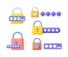 3d illustration set of various colorful padlock icons with password fields. Security and privacy of personal data concept for web design. vector