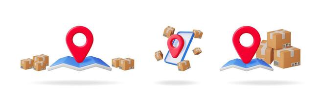 3d delivery set with map pointer, smartphone and cardboard box for tracking shipping and logistic business. Online parcel delivery service. vector