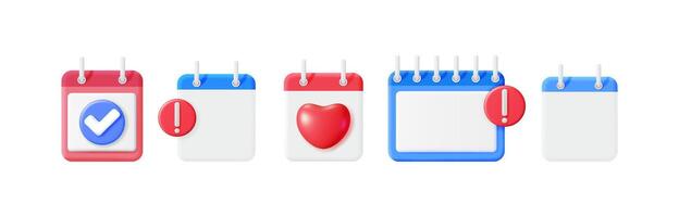 3d calendar icon set with check mark, heart, and exclamation notification for event and date schedule concept. vector