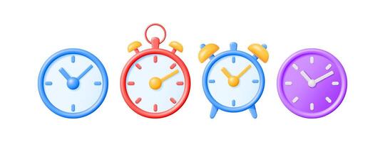 Set of 3d clocks and alarm clocks. Deadline or time management concept. Cute illustration for business presentation. vector
