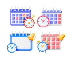 3d illustration set of appointment calendar with various clocks and bells. Schedule, time management concept. vector