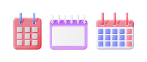 Three 3d cartoon style calendar icons are shown on a white background. Time management and planning concept for scheduling. vector