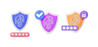 Three 3d shields with fingerprint scan, secure password and padlock icon. Data protection and cyber security concept. vector