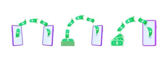 Money transferring in cartoon style. Digital transaction concept with mobile phone. Online wallet icon for instant sending currency and cash. vector