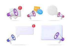 3d illustration set of megaphone with speech bubble and notification icon concept for online promotion, marketing and announcement element. vector