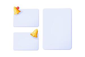 Three blank 3d notification templates with golden bells. Message box for push notification and social media. Alert and reminder concept. vector