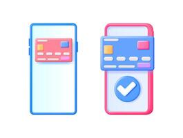 Two smartphones showing online payment with a credit card and a checkmark, illustrating mobile banking and secure transaction concept. vector
