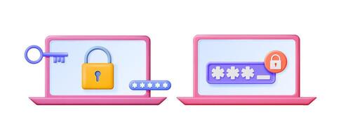 3d illustration security for laptop. Laptop with key, padlock, and password field. Data protection concept. vector