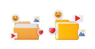 Two 3d folder icons symbolizing organized files and data sharing with multimedia content. Concept of digital storage and social media management. vector