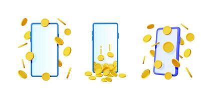 Set of 3d illustrations of smartphone with falling gold coins. Mobile money earning or payment concept for online banking application. vector