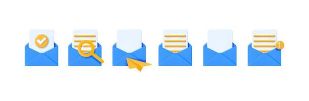 Blue 3D mail envelope icons with different elements like a checkmark, magnifying glass, and paper plane. Email and communication concept. vector