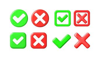 Set of 3d check mark and x cross icons. Green check mark and red cross symbols for web and mobile design. vector